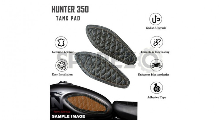 Royal Enfield Hunter 350 Genuine Leather Diamond Design Tank Pad Black D5 - SPAREZO